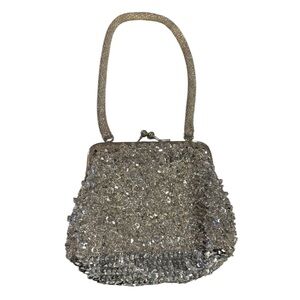 La Regale Silver Beaded Sequin Mini Evening Bag Kiss Lock Clutch Vintage